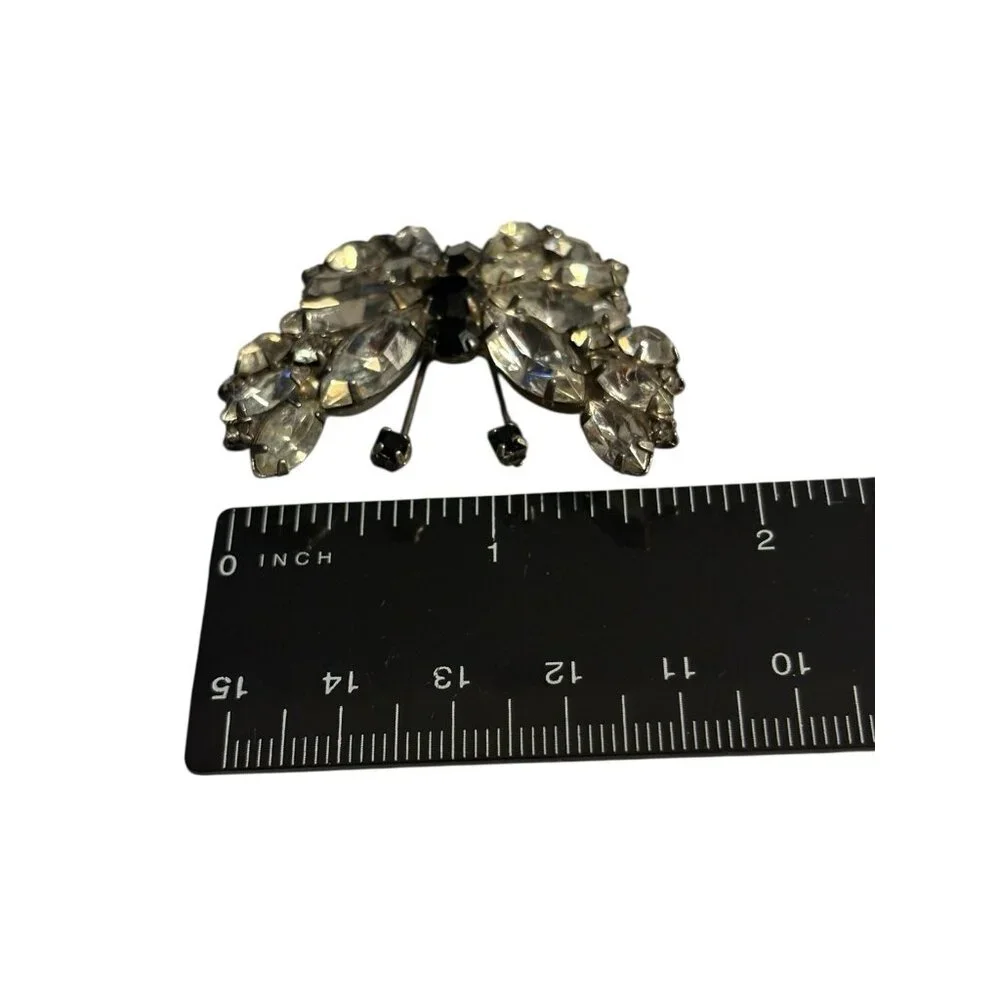 Butterfly Rhinestone Brooch Pin VTG‎ Black & Clear Rhinestones Silver Tone Retro